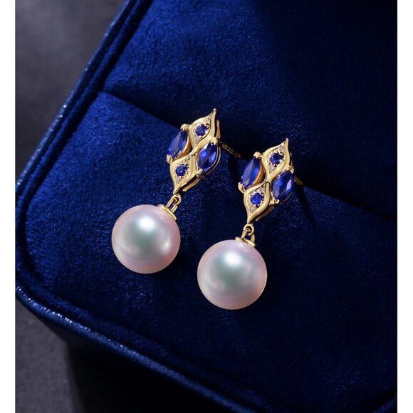 New 18K Yellow Gold Pearl Diamond Blue Stone Stud Earrings - Picture 4 of 4